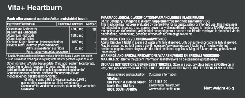 Vitatech Heartburn Effervescent - Nutritional Information